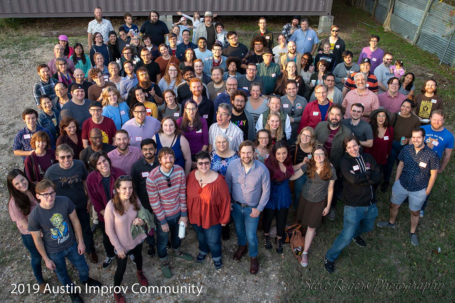 A group photo of the Austin improv community